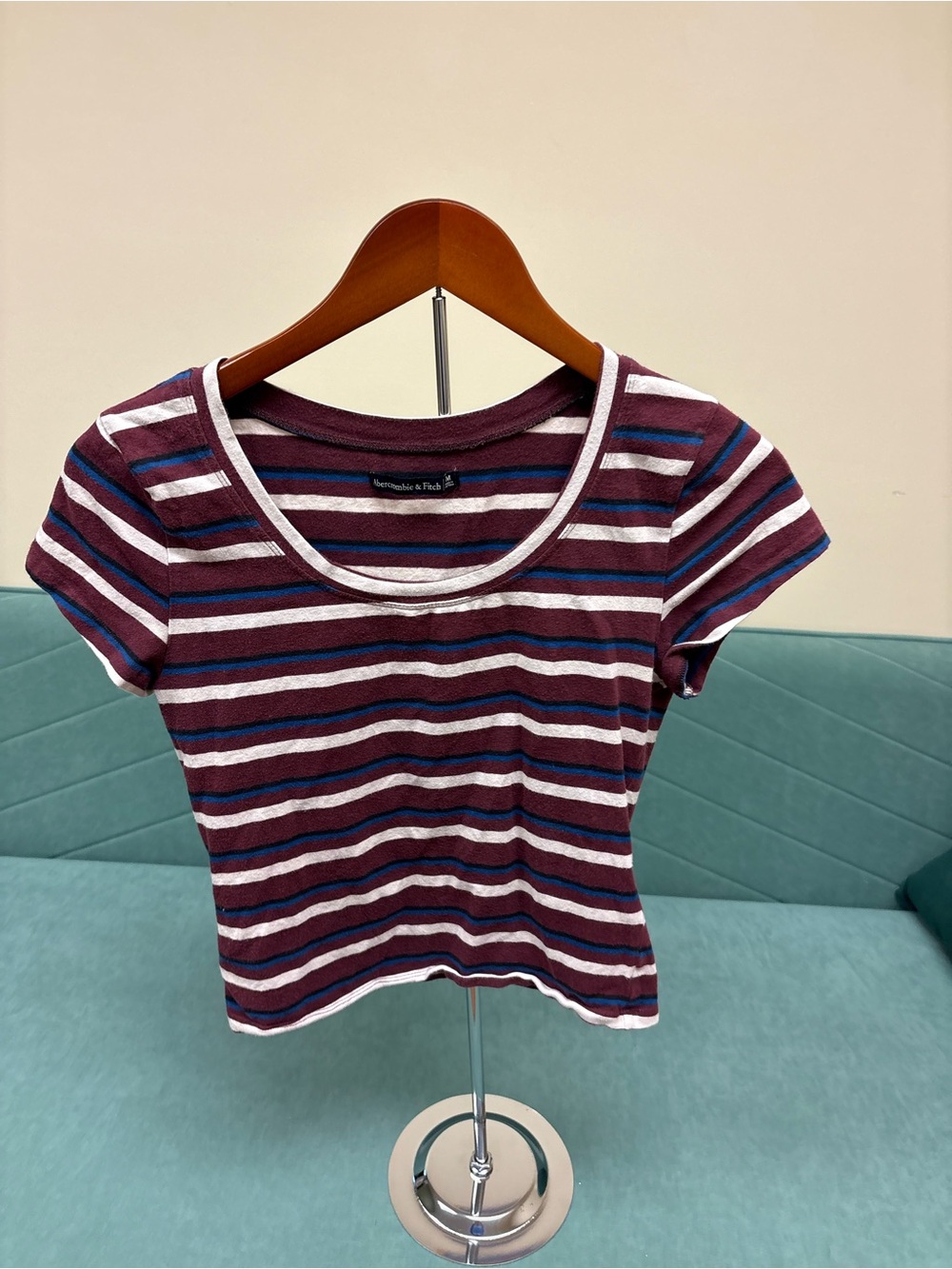 Abercrombie & Fitch Burgundy, White and Navy Striped Scoop Tee